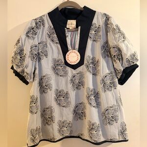 Umgee Blue Floral Embroidered Blouse | Size Large | Puff Sleeve | NWT